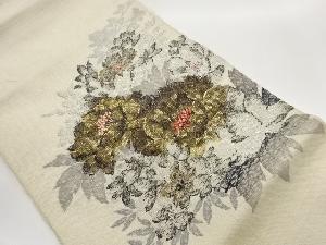 手織り真綿紬花々に葉模様織出し名古屋帯